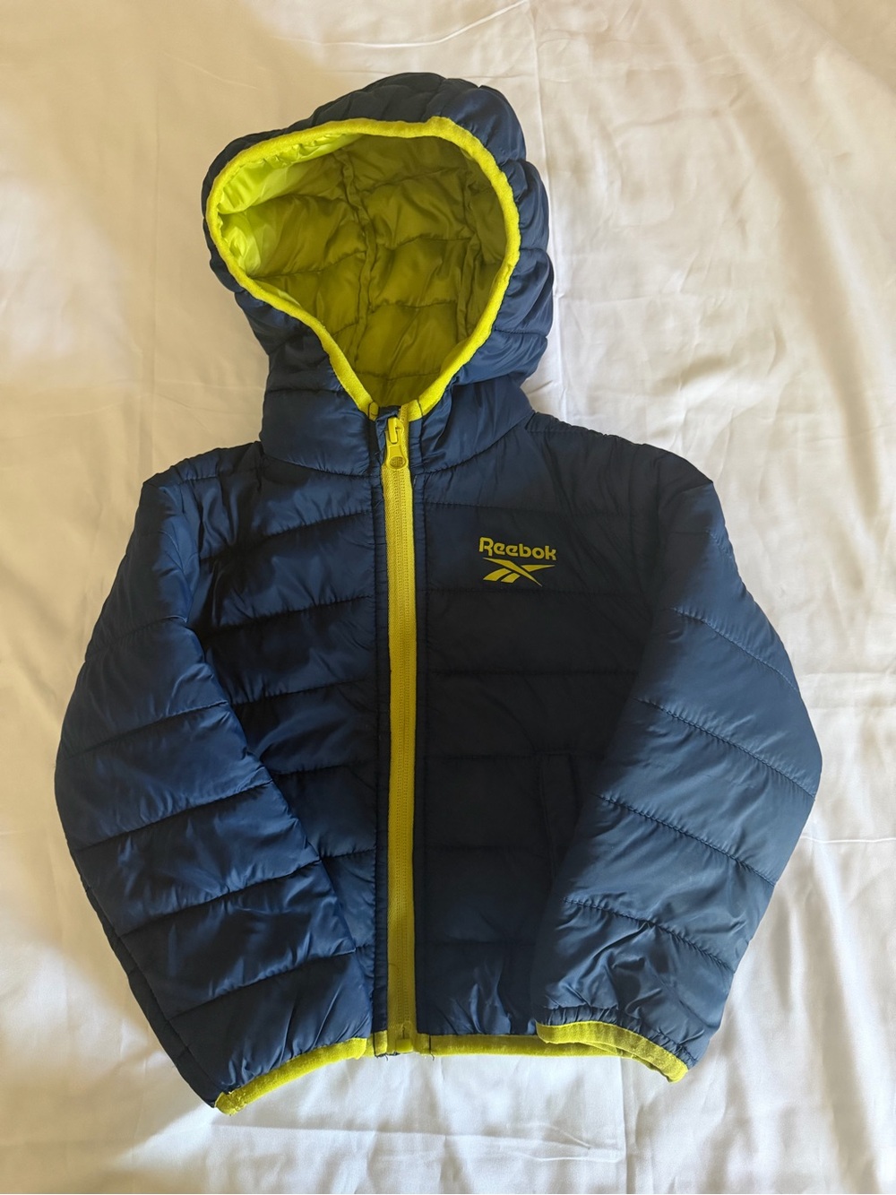 Reebok Kids Puffer Jacket in Navy and Lime Green